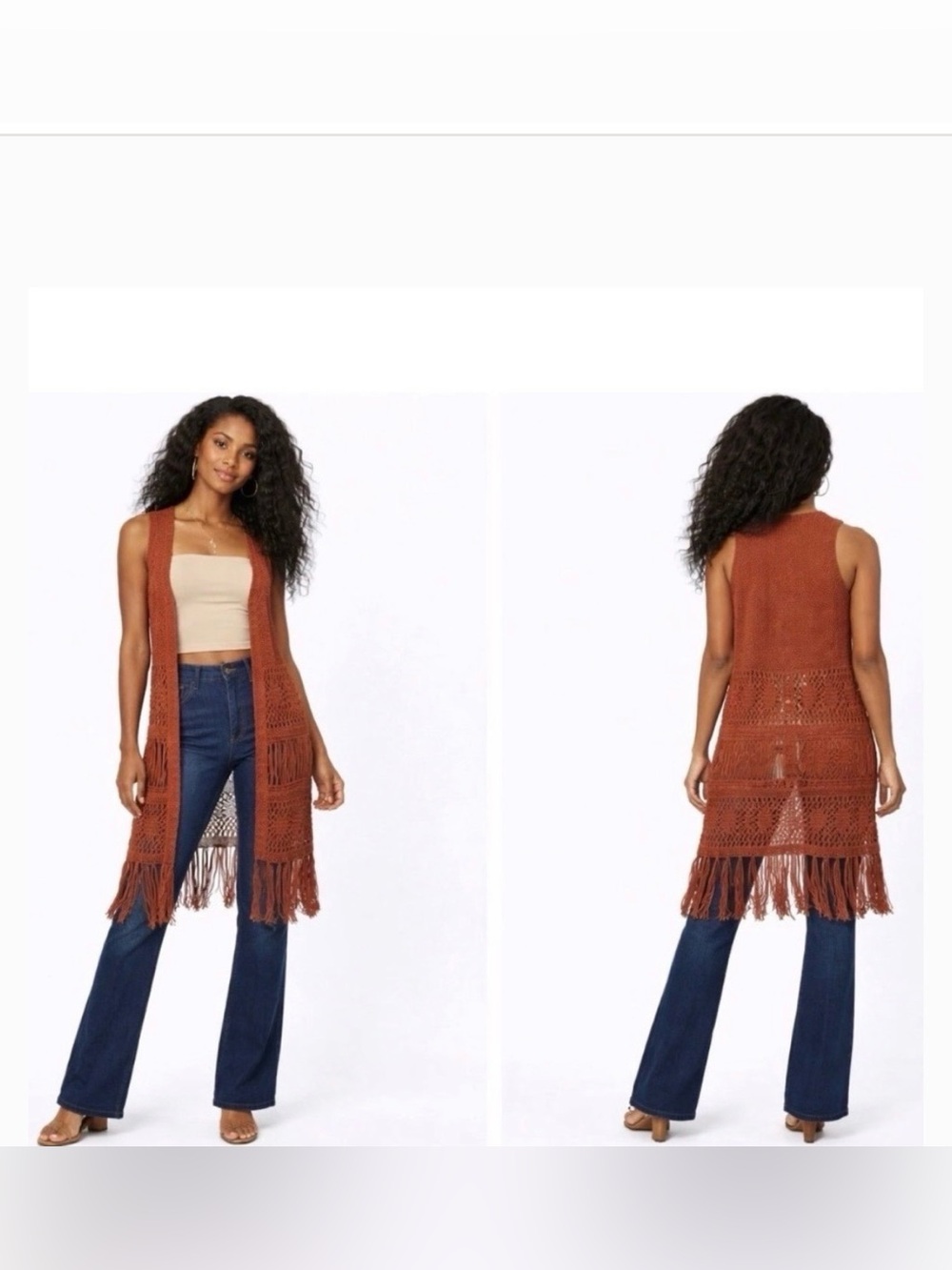 Moon River Rust Open-Front Crochet Fringe Vest